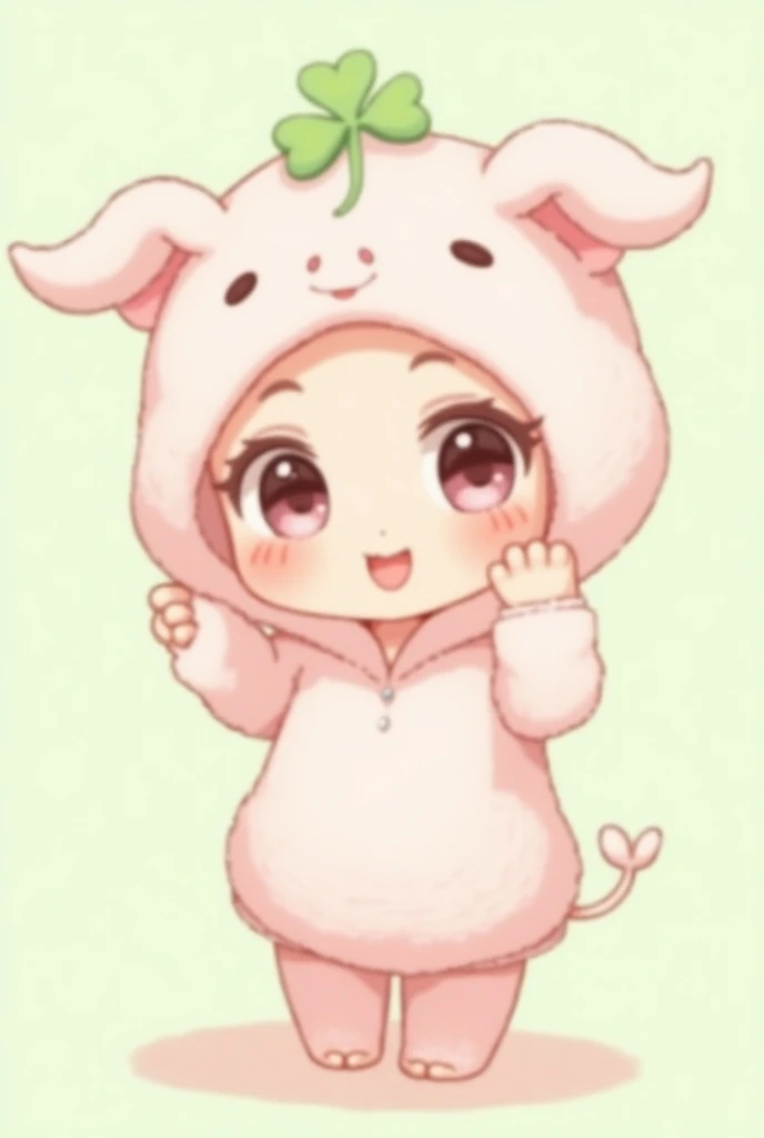 Dưới đây là bản mô tả đã chỉnh sửa thêm mũ nhìn giống con heo:

> "A beautiful chibi-style anime girl with soft pink skin and large, round eyes that sparkle with warmth. She has a gentle smile and chubby cheeks, giving her an adorable look with a slight re...