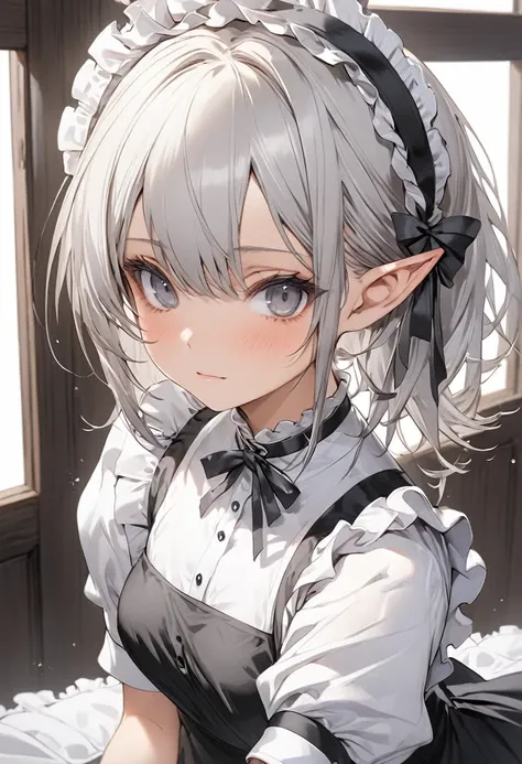  silver hair、Grey Eyes、Elf、Maid、1 person、Adult female、Best Quality、 small breasts、