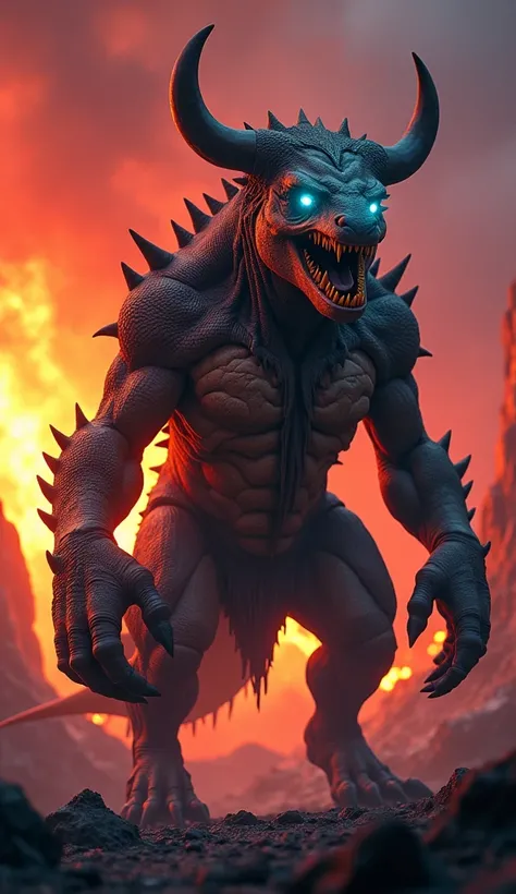 Bull-Lizard Hybrid
"Create a volcanic wasteland scene at sunset, with smoke and lava flows in the background. In the foreground, show a massive, muscular creature with features blending those of a bull and a lizard, standing on all fours. The creature has ...