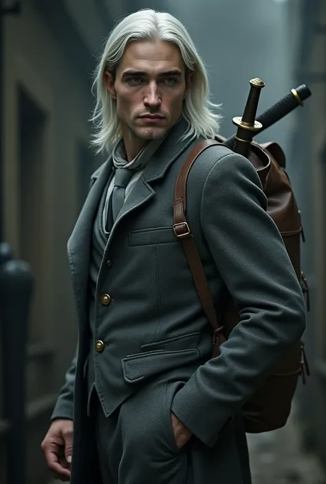 Robert Pattinson in straight and white hairs in grey colour short suit, suit looks like old and 1900 cenchuries. A travling brown colour bag on back and cutana sword on bag. in dark fantasy 