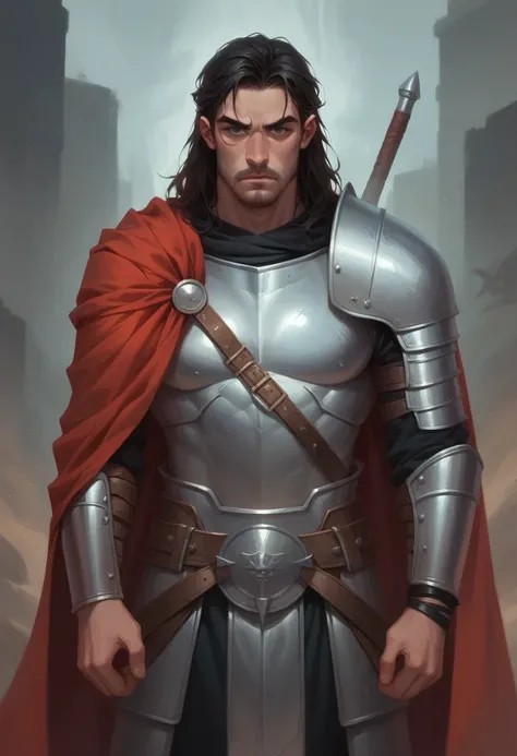  Generate an image of a man named  "Elerinor ",  he is dressed in armor similar to that of a gladiator...?. Elerinor ,  he wears two black bracelets that adorn his wrists ...?. Elerinor ,  has long dark hair ...?. Elerinor ,  he wears a red cape over his a...