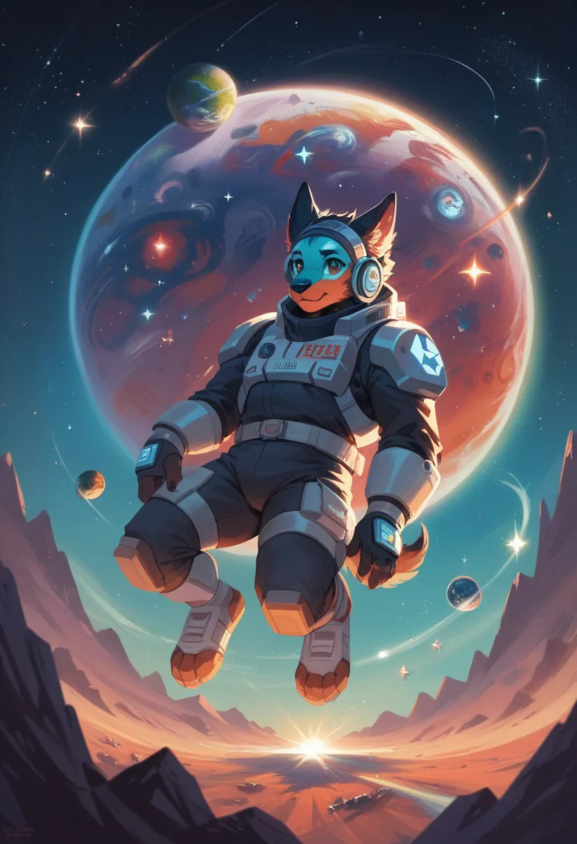 space landscape together with planets and stars, seen from a space station furry protogen