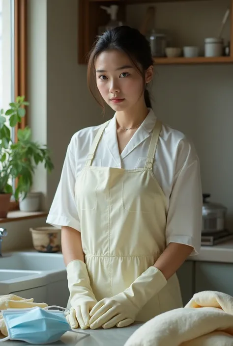 Beautiful Japanese young woman in apron、Rubber gloves mask dishwashing gloves woman

