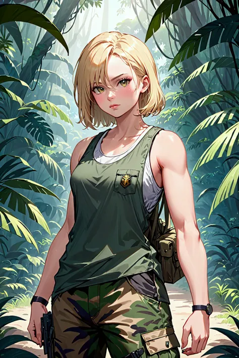 Blond female jungle soldier recruit, wearing a tank top, the cleavege is enormous almost exaggerated