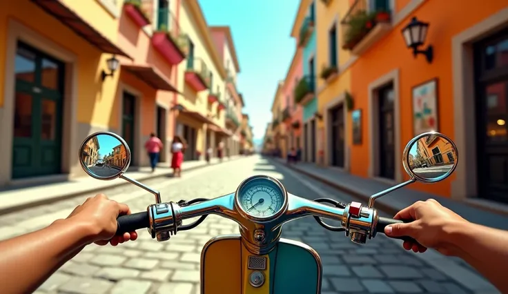 Maximum quality masterpiece, 4k resolution, (best quality,4k,8k,highres,masterpiece:1.2), ultra-detailed, (realistic, photorealistic, photo-realistic:1.37), HDR. First-person perspective as you ride a retro-futuristic Vespa through a vibrant Italian street...