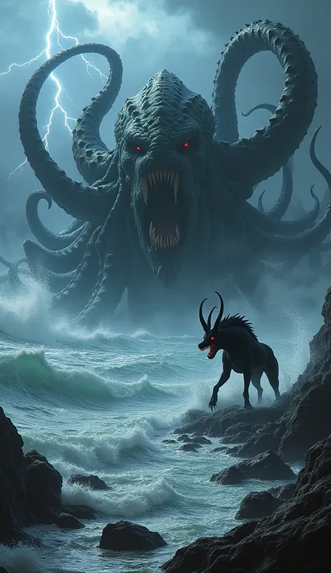 "Create an intense scene with a Kraken and a Cerberus facing each other in a fierce standoff, both expressing anger and aggression. The Kraken, a massive sea monster, has numerous tentacles rising menacingly from dark, churning ocean waters, each tentacle ...