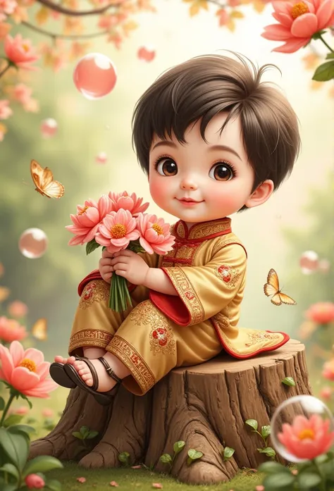 Chinese Baby Boy One Man Illustration、anime、High image quality、cute、llustration, Wearing an Antique Chinese Dress with Stuffed Hair,Put on vintage shoes,Sit semi-recumbent on a flower stump ,butterfly,Transparent Red Bubbles,Holding flowers,Ghiblistai , Th...