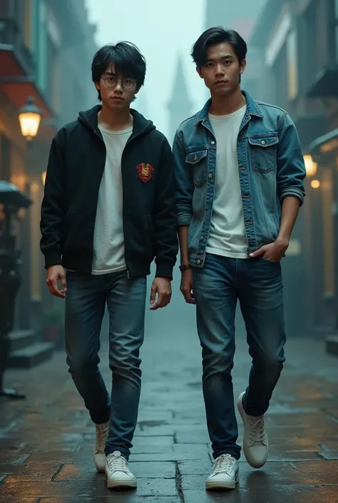 A cinematic Harry Potter and A handsome Indonesian young man wearing a white t-shirt, jeans jacket, jeans, and white shoes.