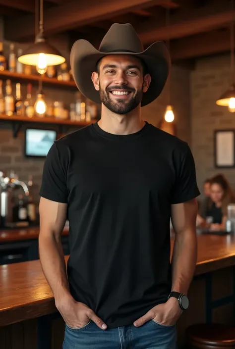 Generate an image size 9 :16 a man at a bar hes wearing a basic black t-shirt with no print and a country hat.  Highlight the t-shirt because I will put a print on each t-shirt.  It captures the casual and welcoming style of the ,  environment perfect to c...