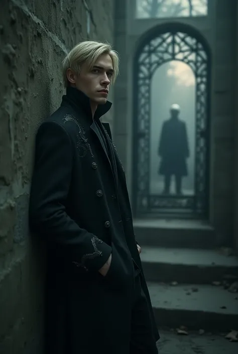 Closer, Imagine Victor, a handsome adult man leans on an ancient wall, next to an ancient, wrought-iron gate, half-shrouded in mist, marking the boundary between the worlds of the living and the dead. He’s wrapped in a dark, tailored coat with subtle silve...