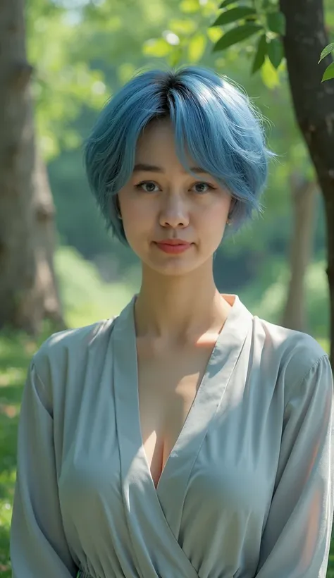 ((photorealism:1.8)), (((masterpiece))),asian short girl 30 years old, hair almost short haircut, hair color blue gradient, medium chest, seems to smile but not too much, stands in the park , asian woman.