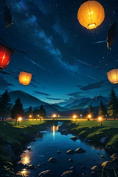 Best Quality、 landscape painting、nature、 Sky Lanterns：1.3，  Knight 、moon、 starry sky 