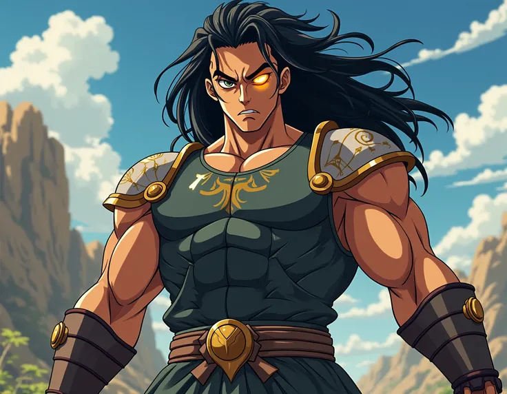  A warrior of the future., a 29-year-old man ,  of abundant black hair and a black eye and another with yellow fire, strong build, muscular, wearing a futuristic short sleeve ,  armor so you can see his strong arms ,  tanned skin. Type Anime Toei Animation...