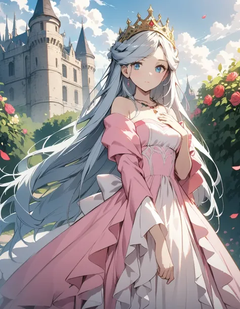 (((Best quality))), ((Ultra-detailed)), ((illustration)), ((Disheveled hair)), ((frilld)), (1 girl),(Solo),bare shoulders, blue eyes, bushes, castle, clothing, cloud, cloudy sky, crown, day, dress, female, flower, hand on chest, hand on own chest, headwear...