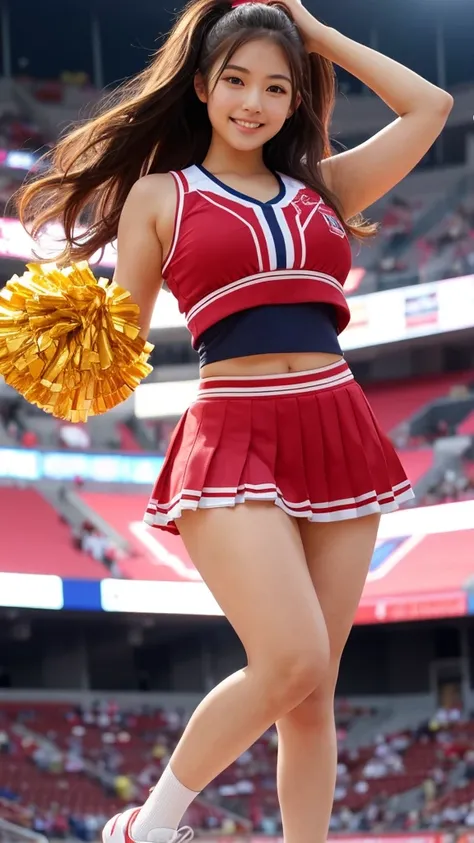 A beautiful cheerleader with long brown hair, Japanese Female,a cute face, and a big smile, wearing a sports uniform with a very short pleated mini skirt, holding large pompoms in both hands, posing in a stadium background, with highly detailed anatomy, re...