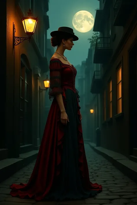 Noble ladies fashion full body in Victorian Era dress red, blue, green a conservative full body pose of a 1910 woman wearing a small hat and business attire and a long skirt , standing in a dark alleyway with gas lighting, a full moon in the background, be...