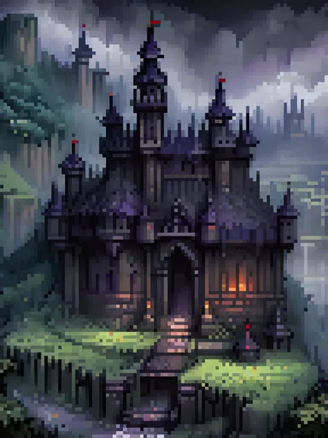 a dark castle, isometric pixel art, detailed architecture, gothic style, fantasy landscape, moody lighting, cinematic compositio...