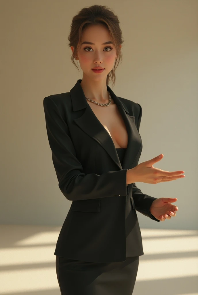 1girl wearing a tuxedo, gently extending her hand to ask for a dance, with a gentle smile 