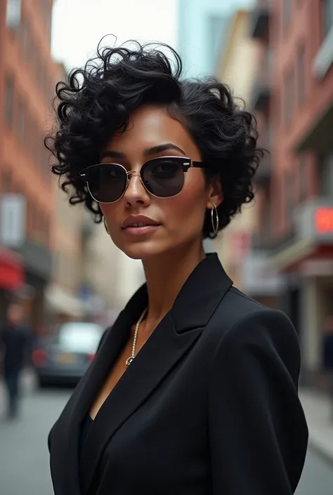  40-year-old woman. black hair, short and curly and curly. with sunglasses 