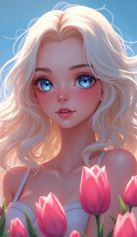 masterpiece，Dazzling colorful light，Ultra Detailed，A girl，big eyes，tulip，Extra long curly hair，White-blond hair，A fascinating adventure，Glowing lips，Close-up of face，Exposed shoulders，Dreamy and beautiful，Thick paint of the characters，Fine brushstrokes，wal...