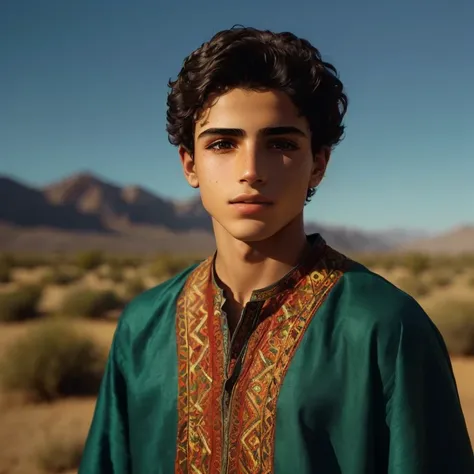  busy young man in a green shirt standing in a desert, 14-year-old Berber boy ,  portrait of Bedouin D &d, years with Middle Eastern skin, Portrait of a 15-year-old boy , inspired by Amir Zand , young greek, Portrait of Timothée Chalamet, Handsome young pr...