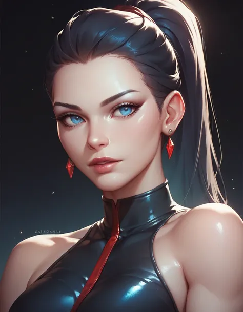 female black sleeveless catsuit with bare shoulders and racerback, bare toned arms, beautiful faces, red nail, black ponytail with showing forehead, black earrings, soft smooth skin, pale skin, black background, blue eyes, sci-fi