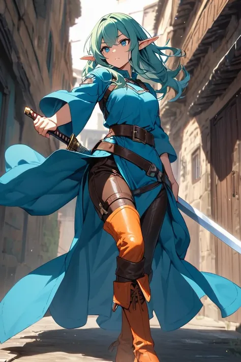 Elf girl in blue tunic, leather pants and orange boots, carrying a sword in the scabbard, at her waist 