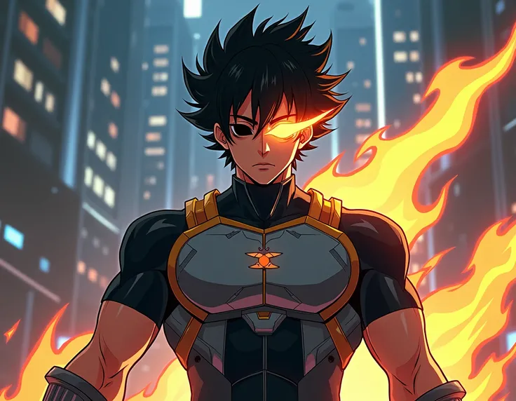 A warrior of the future., a 29-year-old man , with abundant black hair and a black eye and another with yellow fire all over the eyes in strips horizontally,  attractive face , strong build, muscular, wearing a futuristic short sleeve ,  armor so you can s...