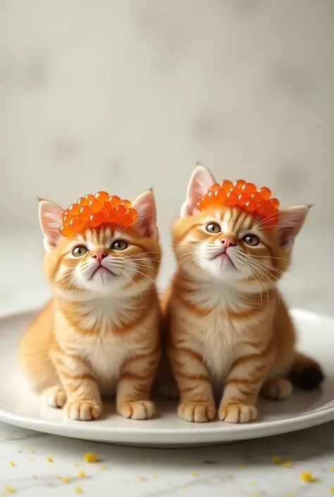 Two cats with salmon roe on their heads,It&#39;s on a plate