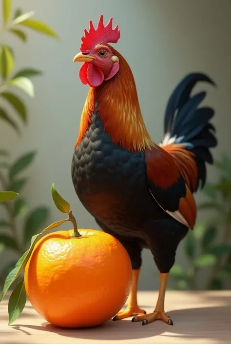 Create a hen and orange in one frame hyper realistic image 