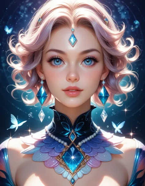 create image Ultra detailed digital art masterpiece, close face portrait,thai teen,mermaid,full body, thousand diamonds, marble reflection, very dark night, bright fairy clothing, abstract, big shiny eyes, ultra detailed atmospheric details, beautiful glow...