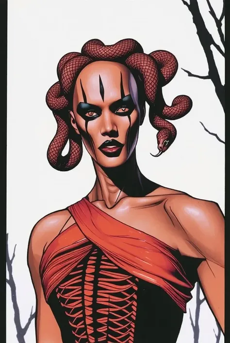 minimal, line drawing, lines only sketch, splash page hand drawn 1990s expressive ink comic, medusa, snake skin dress, only snakes on hairless head, ornate facepaint blackmetal corpsepaint, resembles grace jones, undead and warm color grading for cel shade...