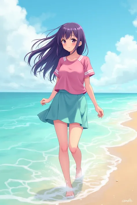 You can make a simple anime-style drawing of a 17-year-old girl with a slightly thick body with long and fluffy purple hair wearing a pink sports t-shirt with two white lines on the sides of her shoulders with a turquoise skirt and who goes barefoot throug...