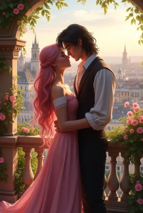 25-year-old woman, slim body, white skin, long pink hair, sparkling pink eyes, dressed in a medieval French style, 27-year-old man
Black hair, dark gray eyes, medieval French dress, standing embracing each other, by the balcony, trees, flowers, city view, ...