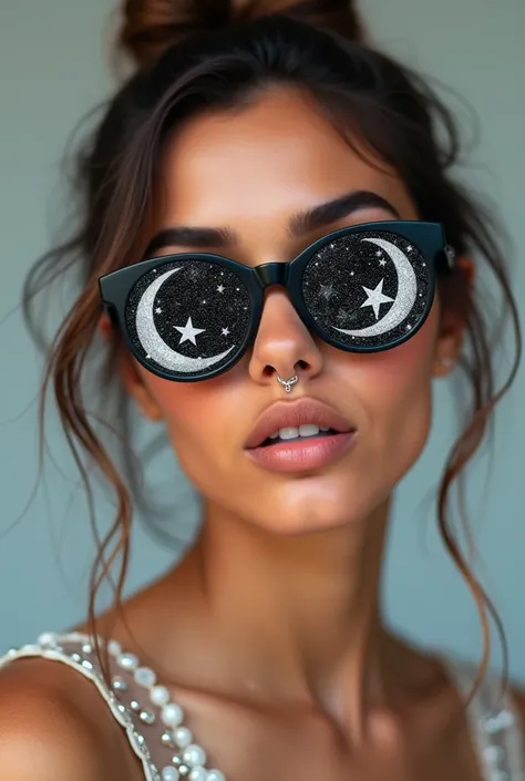 The model is wearing glass sunglasses with stars and the moon on the glass