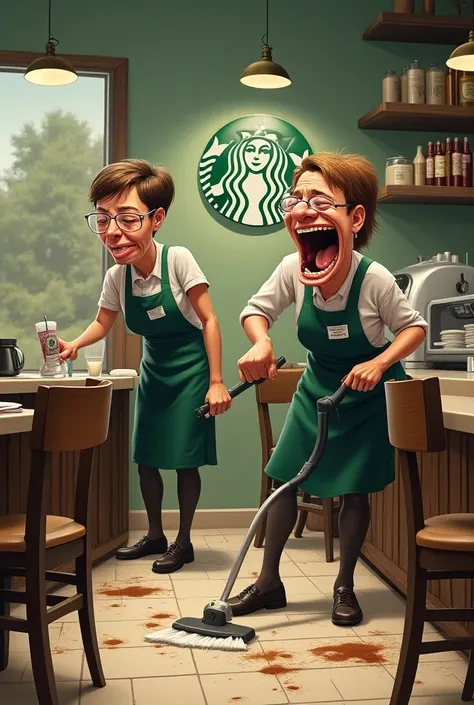 Exaggerated funny image 、Starbucks clerks who are sobbly hard at cleaning after closing