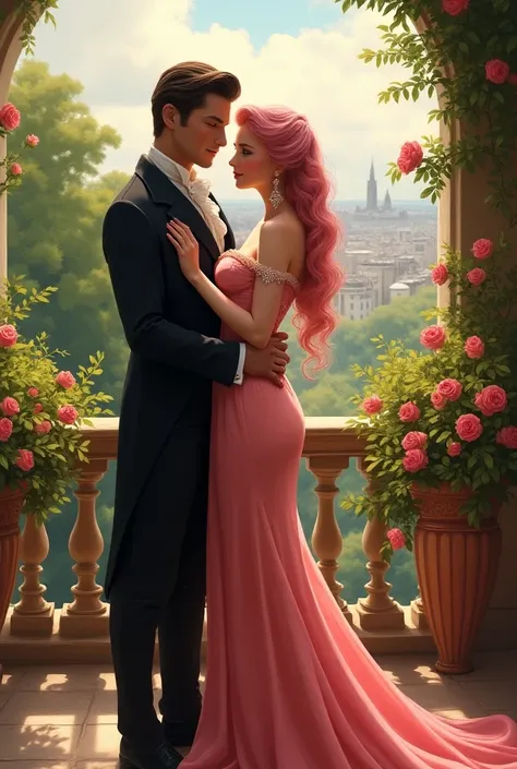 25-year-old woman, slim body, white skin, long pink hair, sparkling pink eyes, dressed in the style of the middle French aristocracy, 27-year-old man
Black hair, dark gray eyes, middle-aged French aristocratic dress, standing embracing each other, by the b...