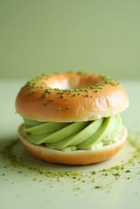 Matcha ice cream sandwiched in a plain bagel
