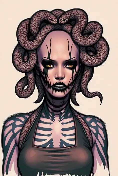 minimal, line drawing, lines only sketch, splash page hand drawn 1990s expressive ink comic, medusa, snake skin dress, only snakes on hairless head, ornate facepaint blackmetal corpsepaint, resembles grace jones, undead and warm color grading for cel shade...