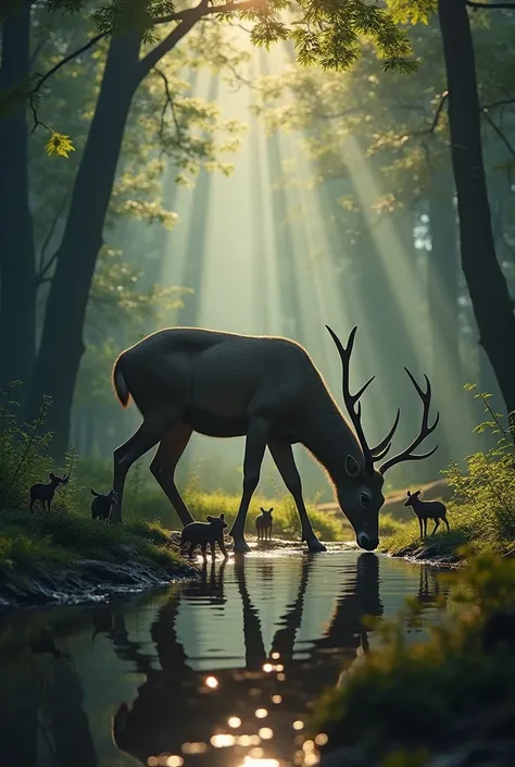 a magnificent deer in a dark and mysterious forest, walking through the sunlight that shines through the lush foliage, drinking from a serene watering hole, surrounded by various small animals also coming to drink, highly detailed and realistic 8K photo, c...