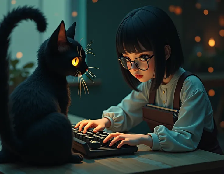 A surreal composition: a bespectacled woman with jet-black hair, garbed in a miniature typewriter costume, sits beside her enigmatic feline companion. The cats piercing yellow eyes seem to gleam in the dimly lit atmosphere, its elongated anime-inspired tai...