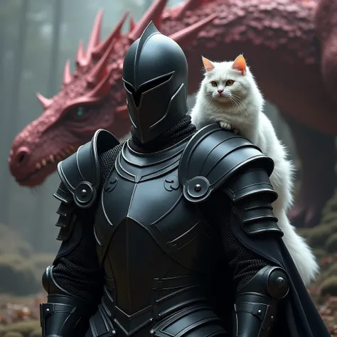 Generate a Black Knight in Black Armor and with a white Persian cat on his right shoulder and in the background I want a dragon with a long red neck 