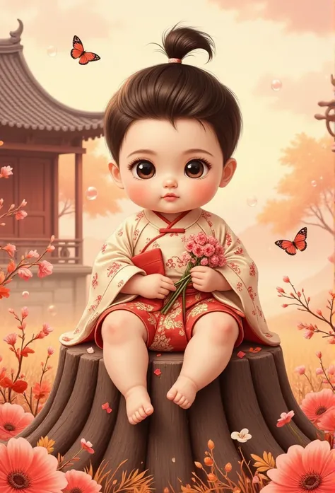 Chinese Baby Boy One Man Illustration、anime、High image quality、cute、llustration, Wearing an Antique Chinese Dress with Stuffed Hair,Put on vintage shoes,Sit semi-recumbent on a flower stump ,butterfly,Transparent Red Bubbles,Holding flowers,Ghiblistai , Th...