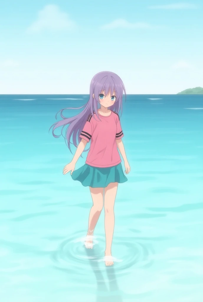 You can make a simple and opaque anime-style drawing of a 17-year-old girl with a slightly thick body with long and fluffy purple hair, wearing a pink sports t-shirt with two white lines on the sides of her shoulders, with a turquoise skirt and who goes ba...