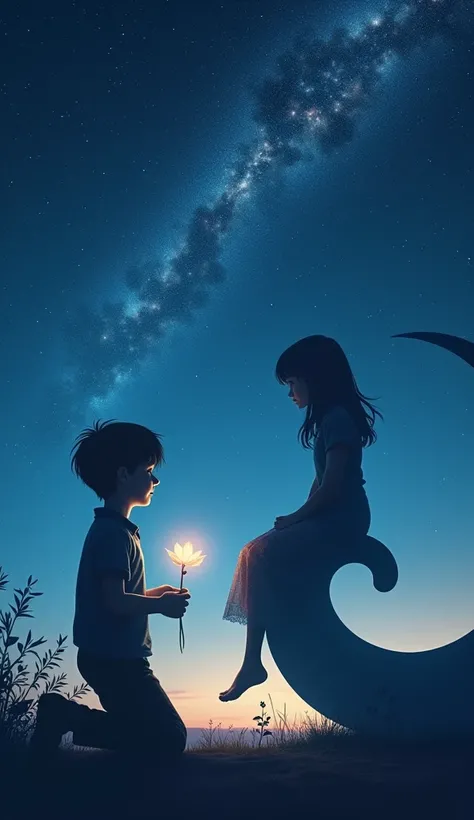 masterpiece,1 boy is getting down on his knees and handing 1 flower to the shadow （ girl-shaped silhouette ）Im handing 1 flower to 、1 The flower shines warmly like a lantern1.5、 The girl has no substance 、 The girl sits on the crescent moon like a ghost an...