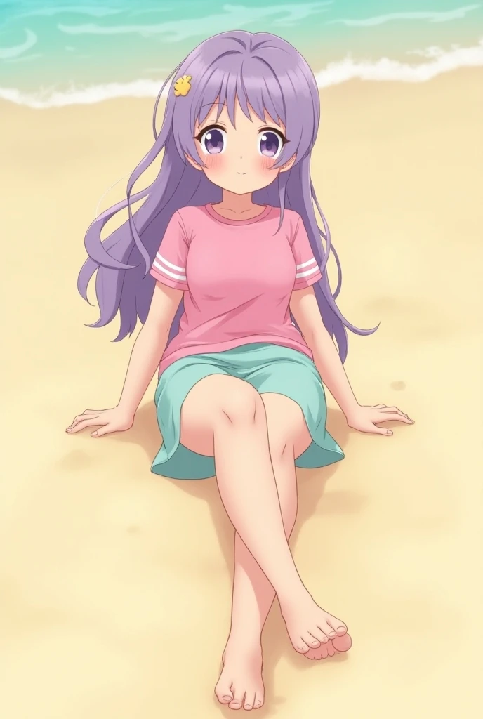 You can make a simple anime-style drawing of a 17-year-old girl with a slightly thick body with long and fluffy purple hair wearing a pink sports t-shirt with two white lines on the sides of her shoulders with a turquoise skirt and who goes barefoot on the...