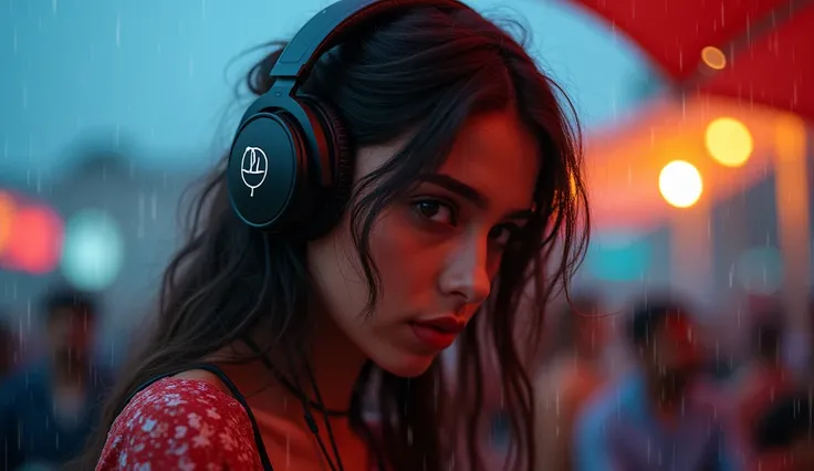 Best Quality,  surreal,  very detailed,  Persian women only , DJ Girl, , DJ headphones, Actual Photos, 8k,   Real Eyes ,   detail face ,  upper body:1.4,  staring at the audience ,  outdoor festival A rainy day , 1 girl,((she is playing the  )), The locati...