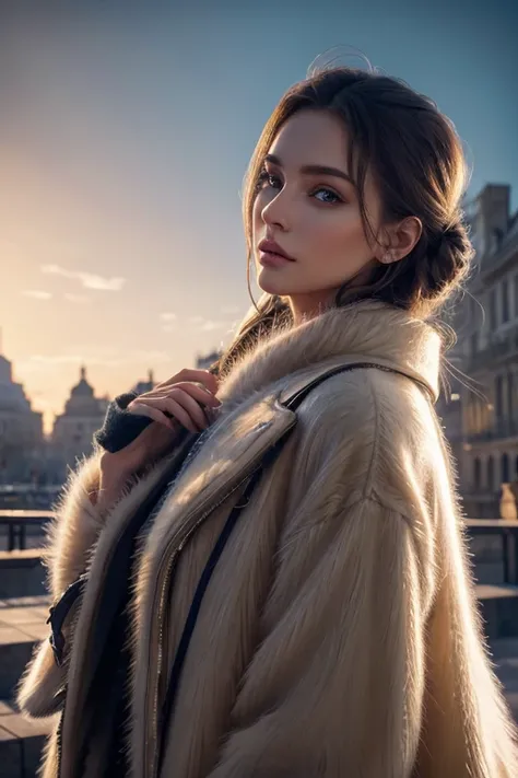 Full height, winter, picturesque, beautiful composition, Super, hyperrealistic, super beautiful model, perfect face, hyperreal, beautiful, detailed, reflective eyes, Designer, beautiful hairstyle, Knitted fashion  Half-fur coat, sourcework style, Beautiful...