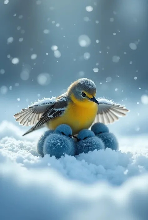 Warbler Shields blue Chicks from Intense Snowstorm