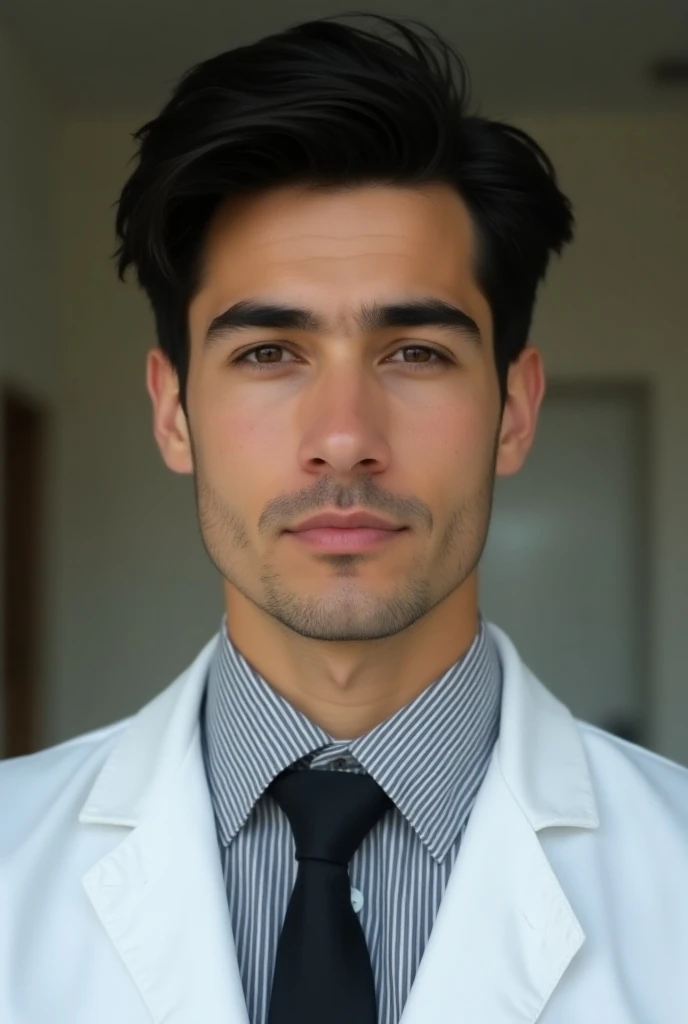 This image shows a young man with dark hair styled neatly, looking directly at the camera from a low angle. He has defined facial features, thick eyebrows, and a calm expression. His skin appears smooth, with some natural texture and slight blemishes. He’s...